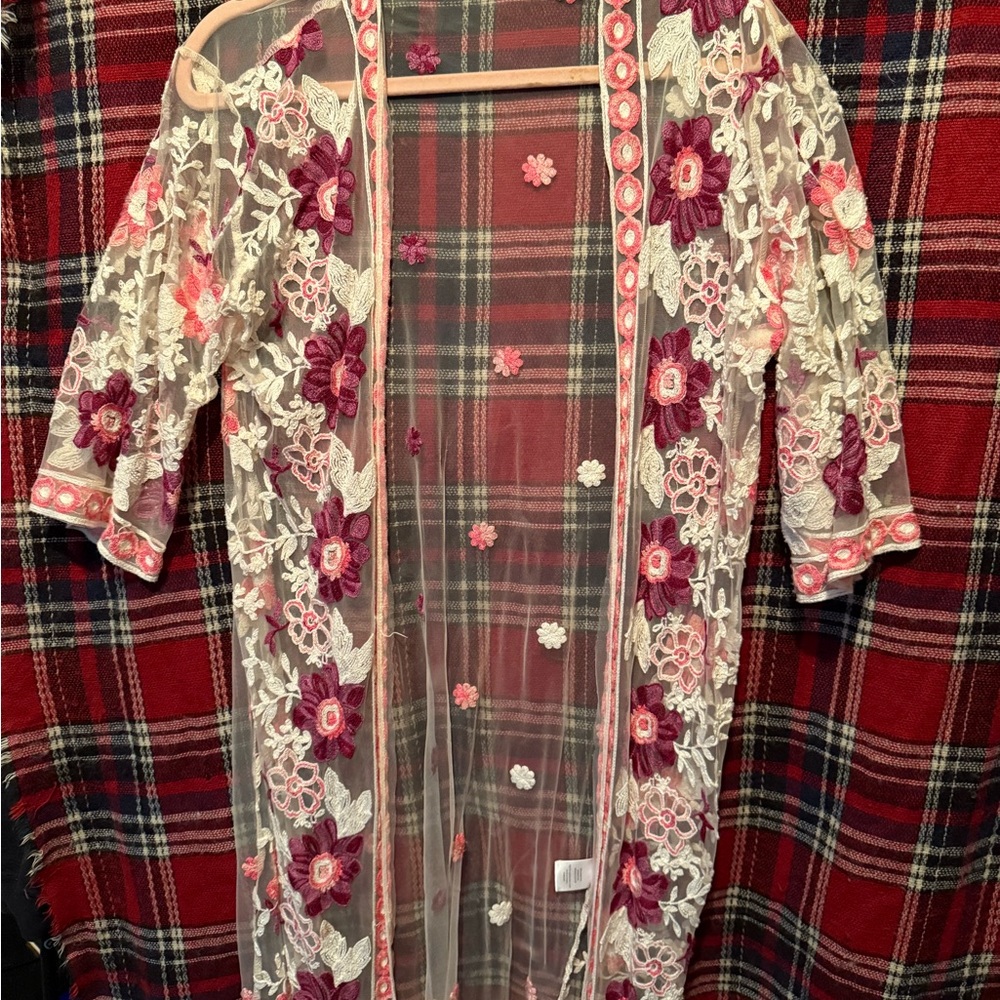 Embroidered Sheer Kimono with Floral Design